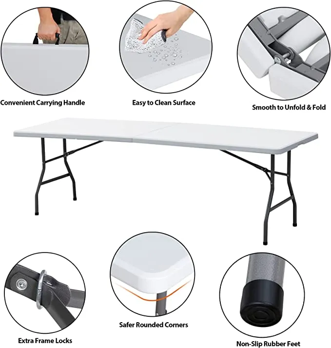 ZENY™ 8FT Folding Picnic Table for Outdoor, Portable Fold-in-Half Plastic Dining Picnic Party Table with Carrying Handle